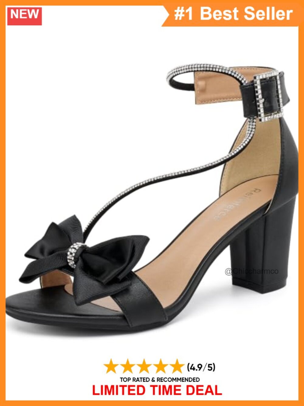 Reimferce Women's Faux Leather Block Heel Sandals with Rhinestone Bow Ankle